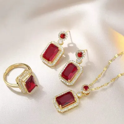 Shiny Red Stone Square Earrings Necklace Set (4 pcs)